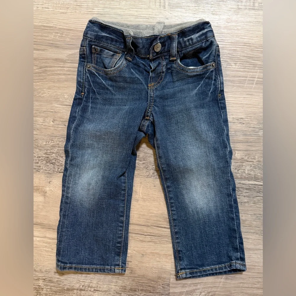 Baby Gap Blue Jeans w/Gray Sweatpants Waistband Lining SZ 2T Hook & Eye Closure